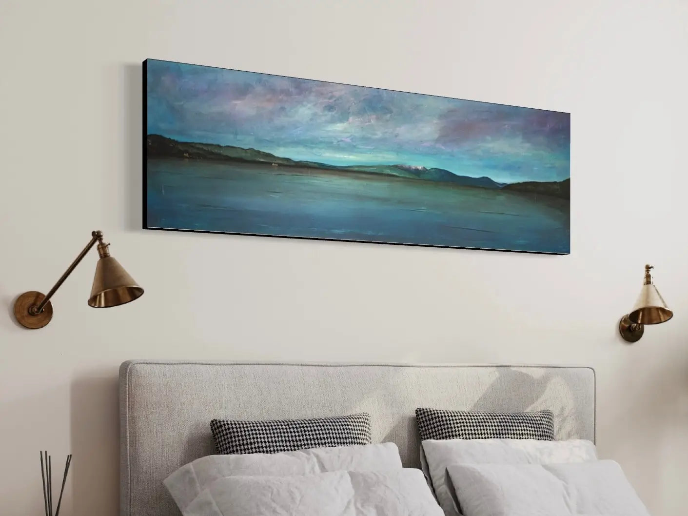 Long rectangular landscape painting with serene blue and purple hues for About My Panoramic Paintings and Art Prints