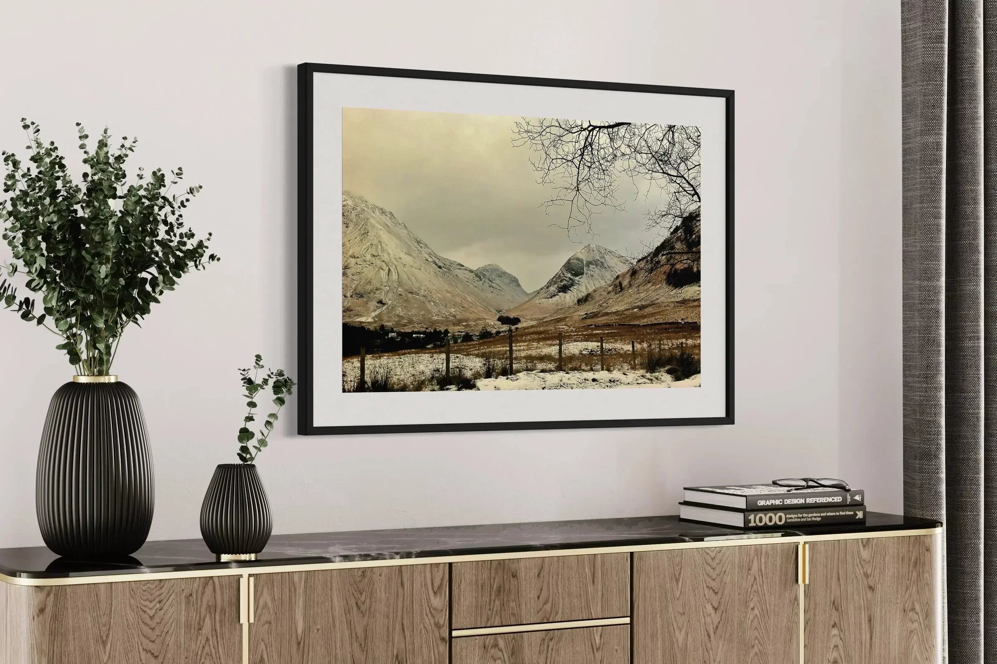 Framed winter mountain landscape photograph in an article about Scottish landscape photography