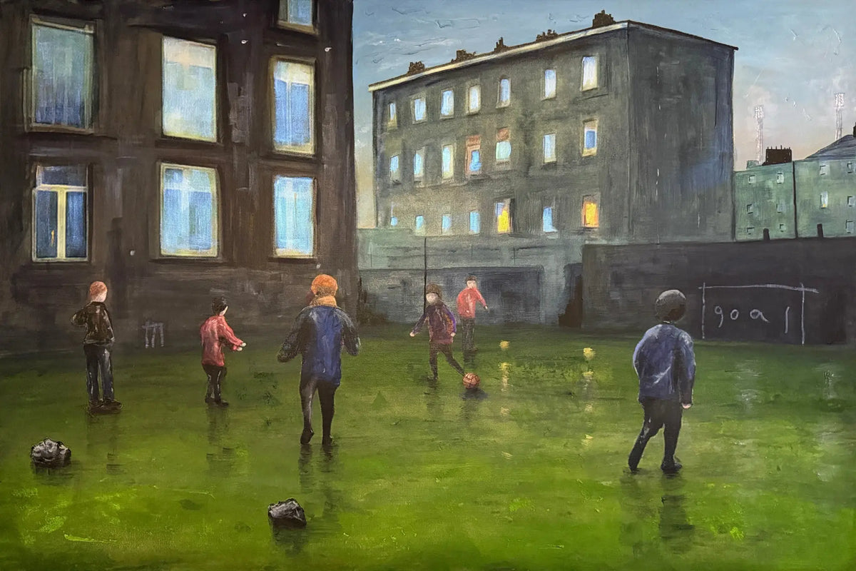 'Time' by Kevin Hunter – painting of children playing football on grass beside lit tenement buildings at dusk