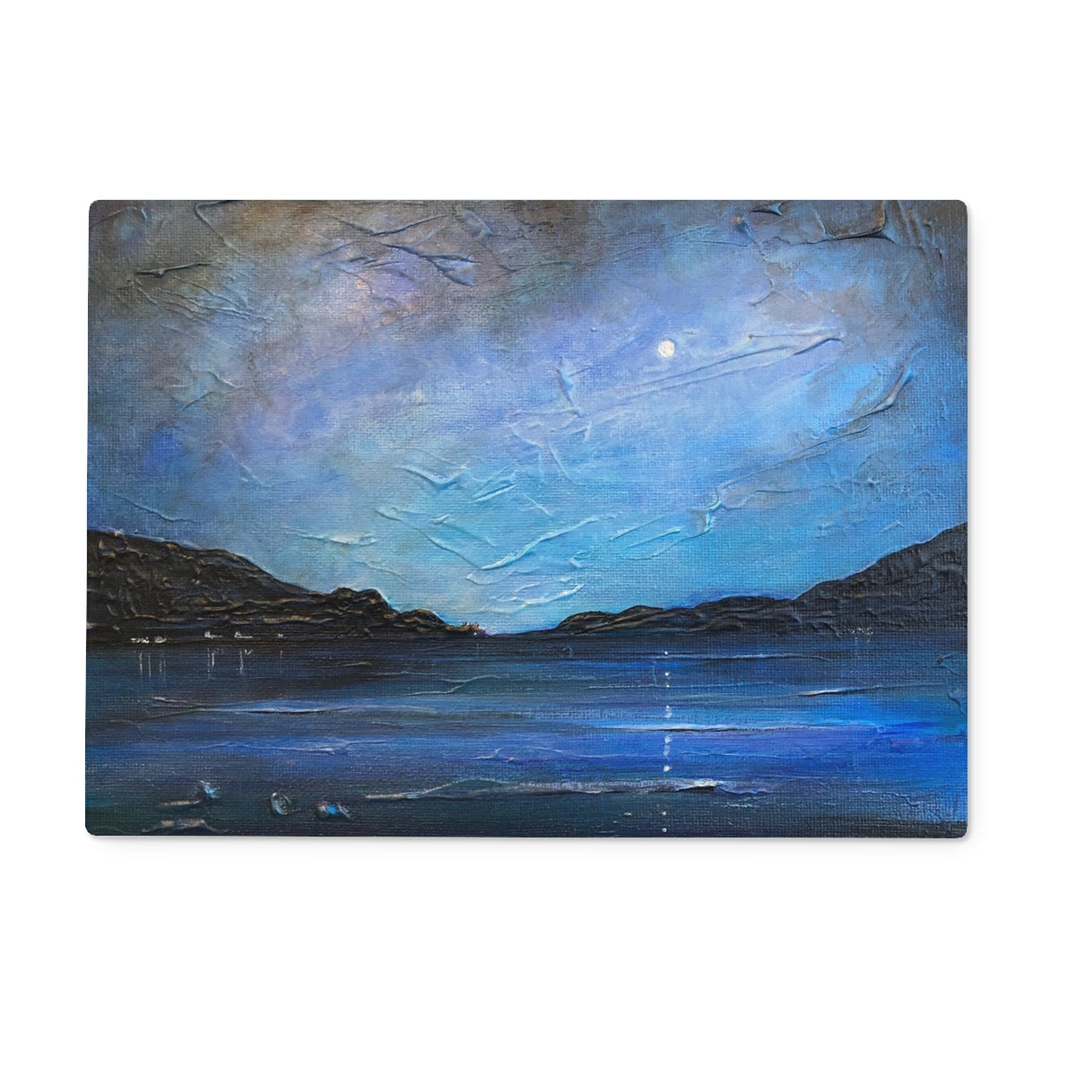 Blue textured moonlit Loch Ness lake on glass chopping board