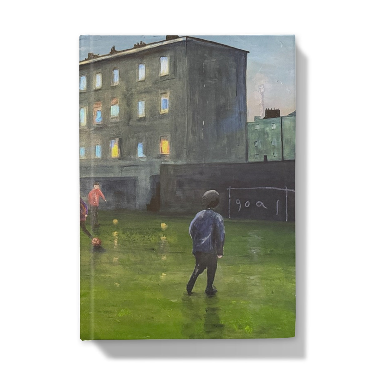 Boy playing soccer on green grass field with blocks, canvas wall art