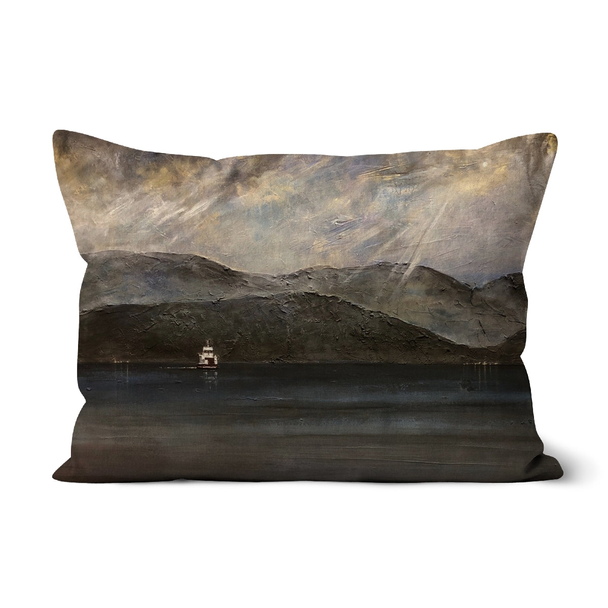 Lochranza Moonlit Ferry cushion with serene mountain and cloud design