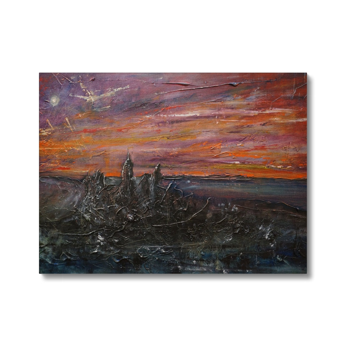 Storr Moonlight Skye abstract canvas print with textured orange-purple sky over silhouetted landscape