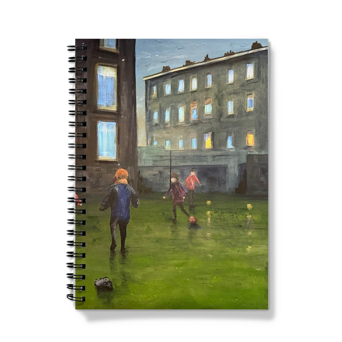 Time Notebook with spiral-bound cover of kids playing soccer in earth tones