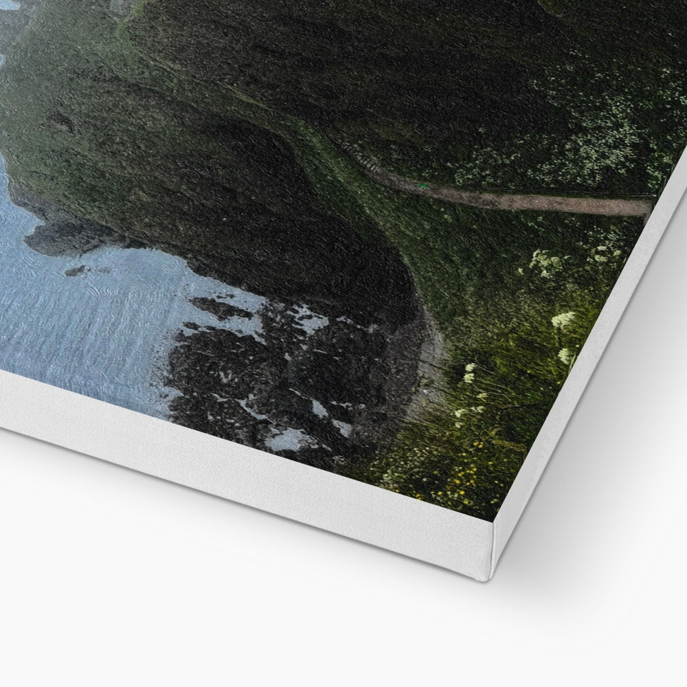 Serene Dunnottar Castle mist forest canvas print with green moss and trees