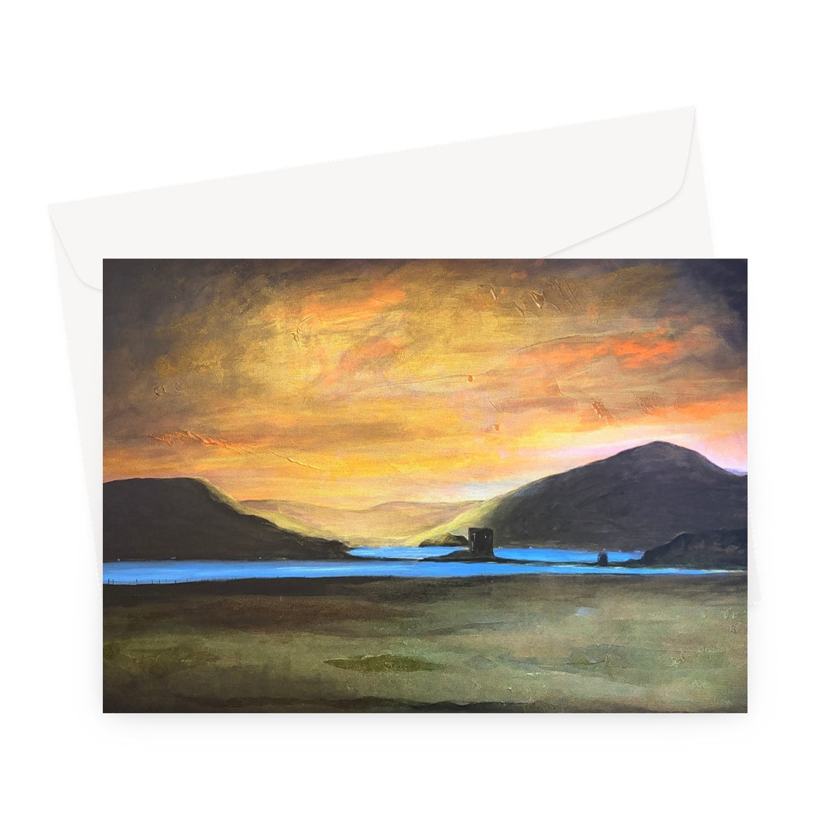 Castle Stalker Glow greeting card with glowing orange sky over mountains