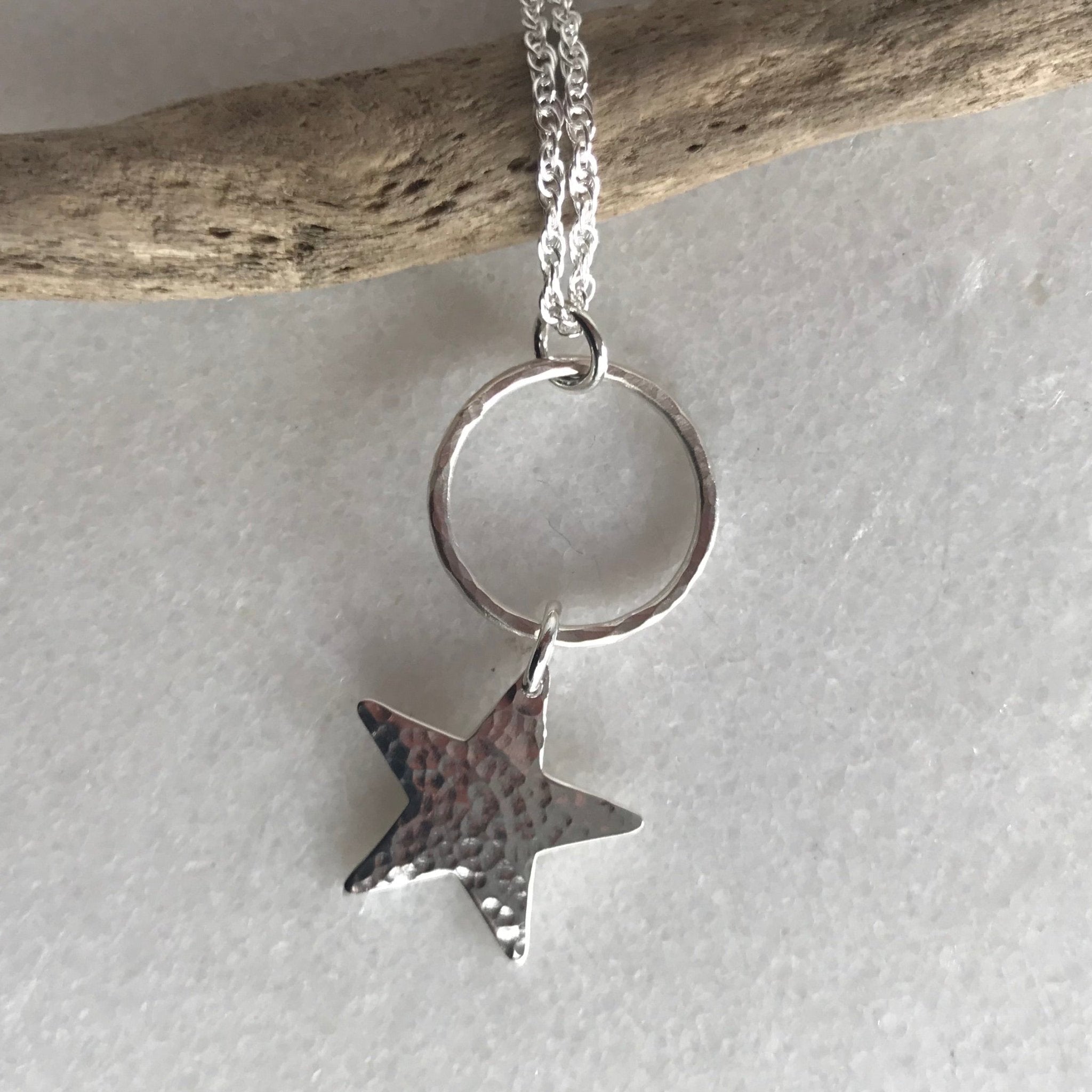 Star Necklace: silver star pendant with hammered texture on adjustable chain