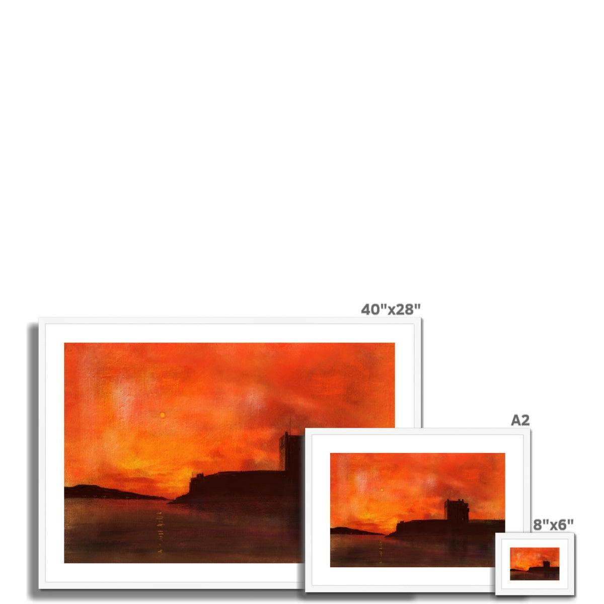 Broughty Castle sunset framed print, 40x28 inch vibrant orange yellow hues silhouette