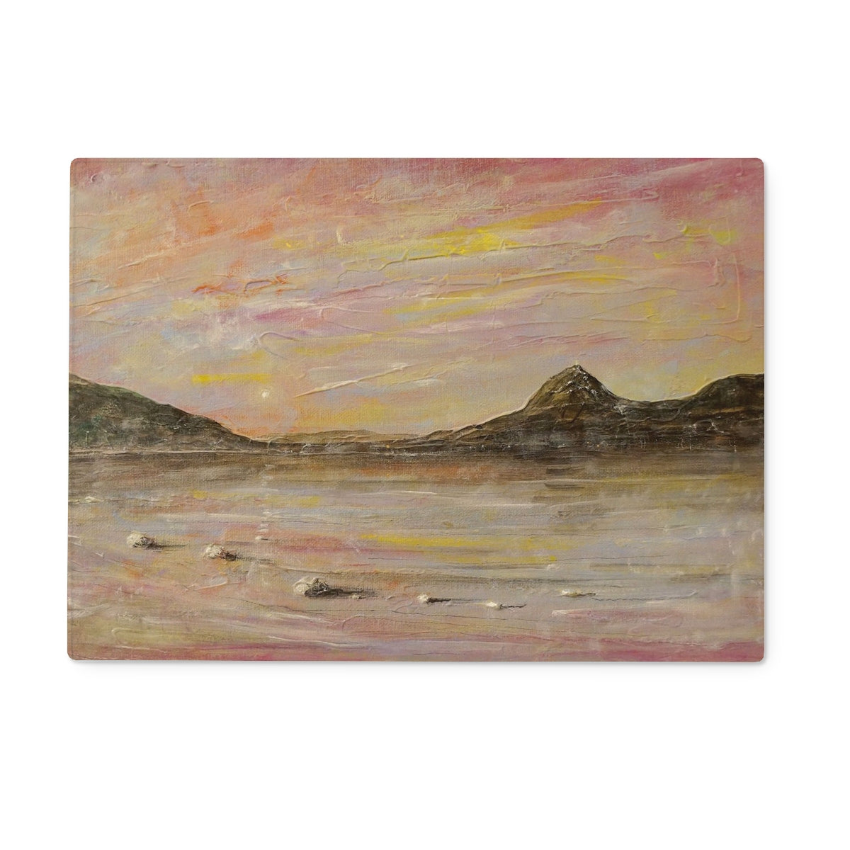 Serene Loch Rannoch sunset with Schiehallion on glass chopping board