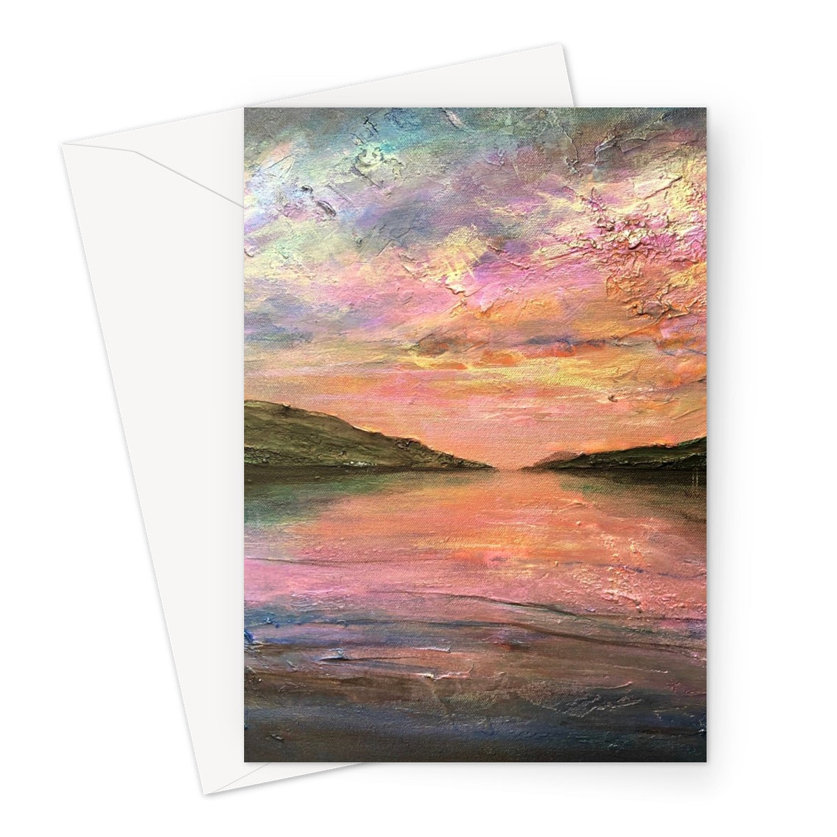 Loch Ness Dawn greeting card with vibrant sunset over water