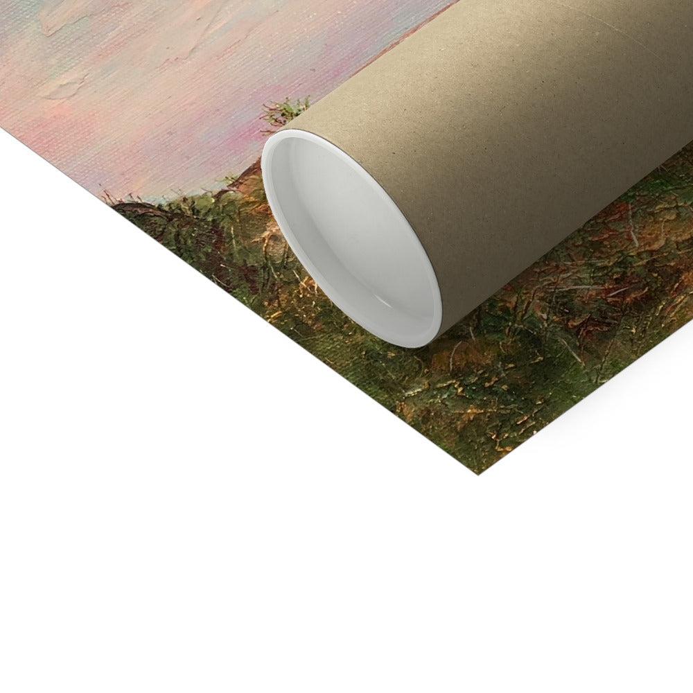 Jura from Crinan artist proof print on beige cylindrical wrapping paper roll with green grass and pink sky landscape