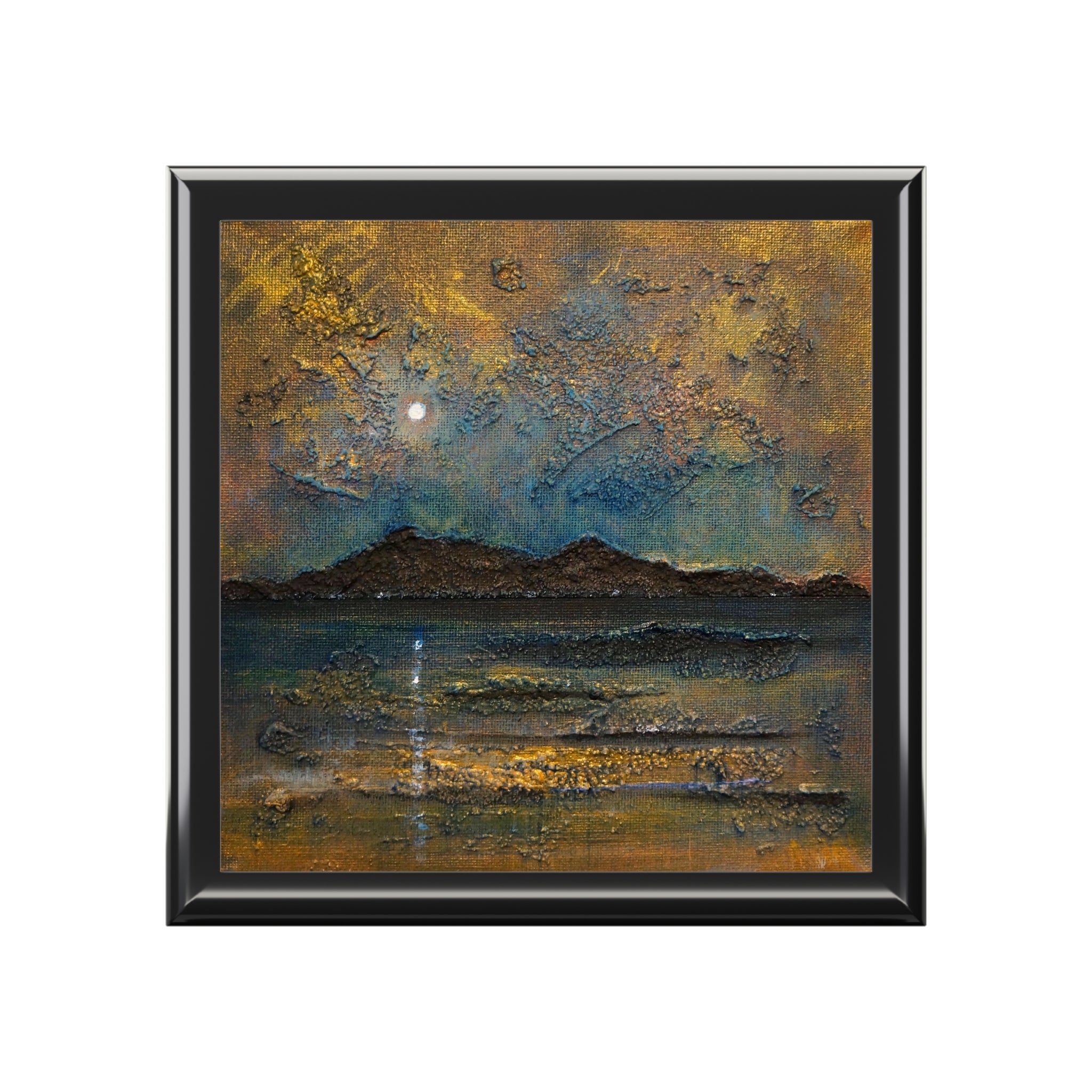 Arran Moonlight gold and blue textured abstract painting in black frame