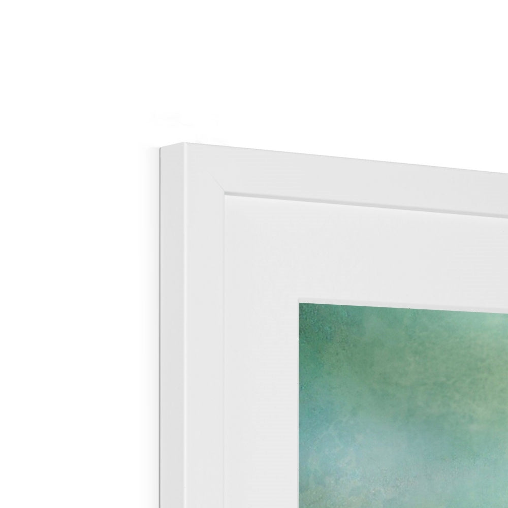 Mull Mist framed print with white frame and teal watercolor design