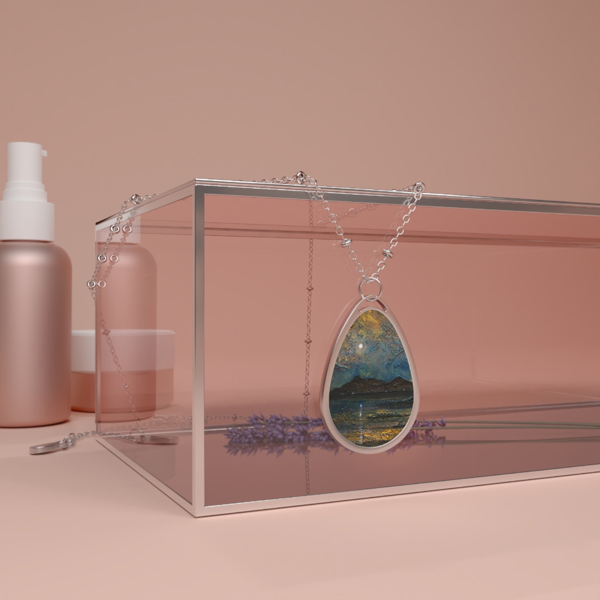 Arran Moonlight silver teardrop necklace with colorful landscape pendant in acrylic box