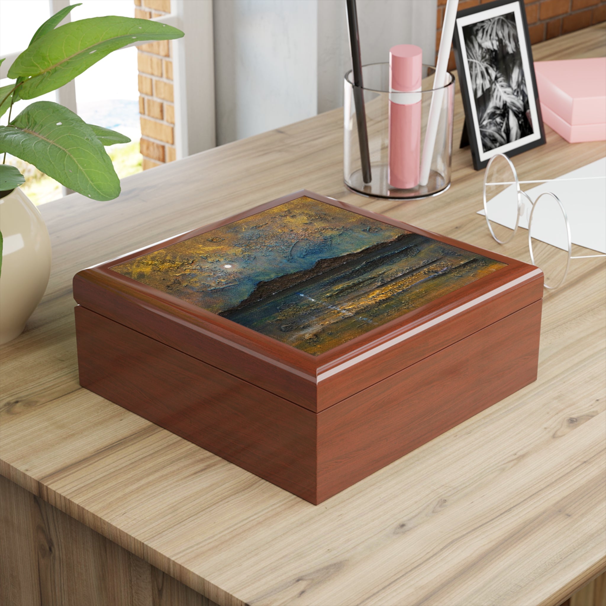 Arran Moonlight jewelry box with wooden abstract blue-brown design