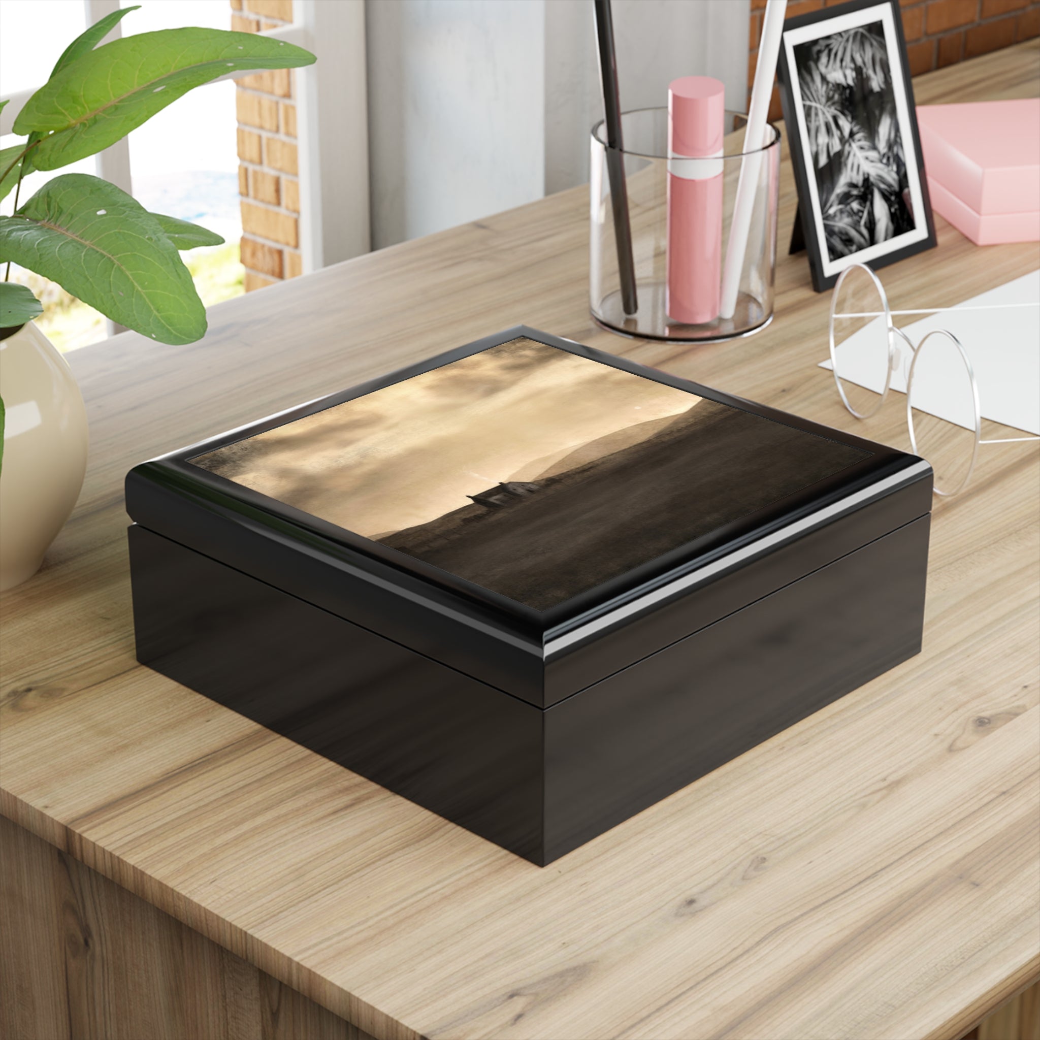 Black lacquered jewelry box with silver accents and mirror lid, A Moonlit Croft Scotland