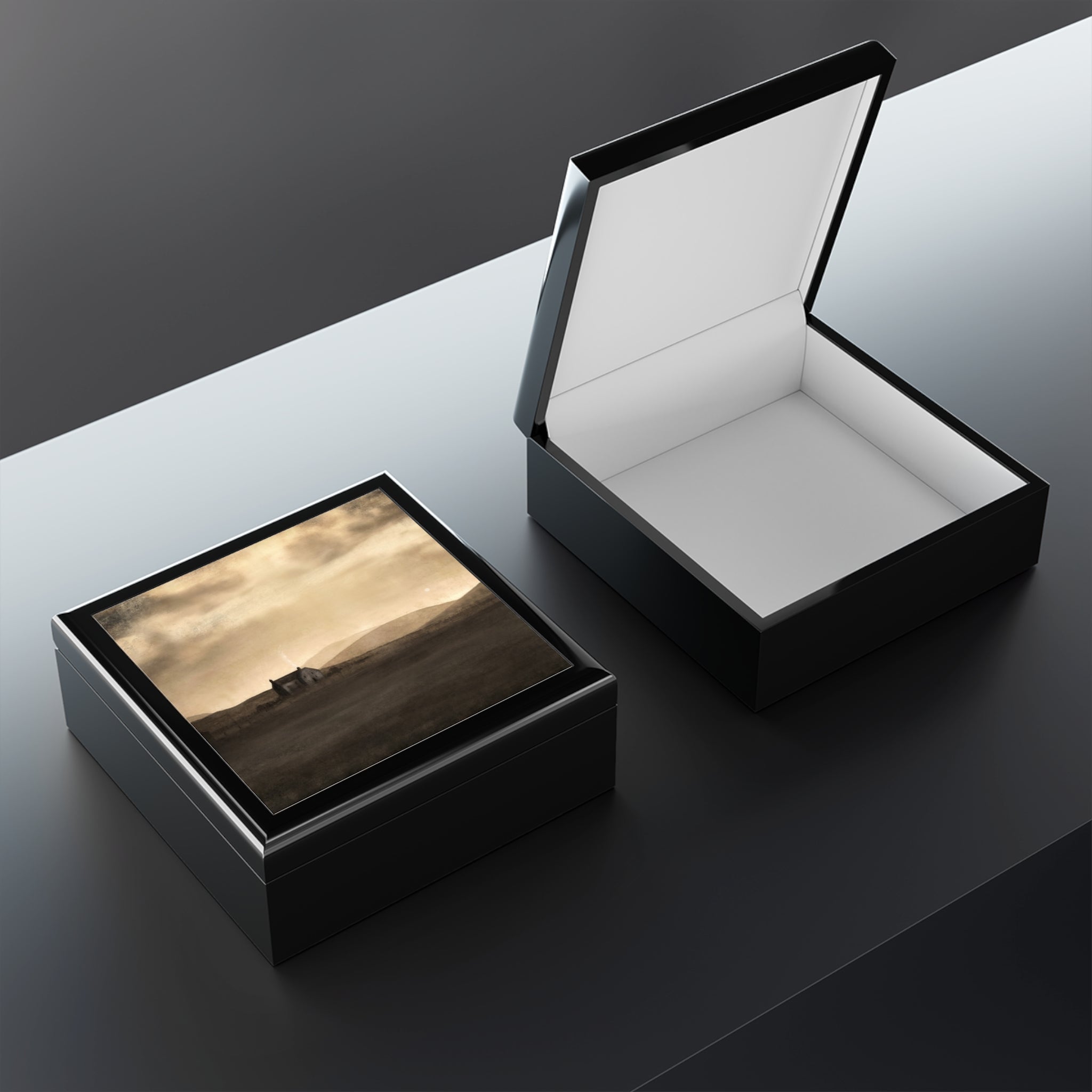 Elegant black leather jewellery box with glass lid from A Moonlit Croft Scotland