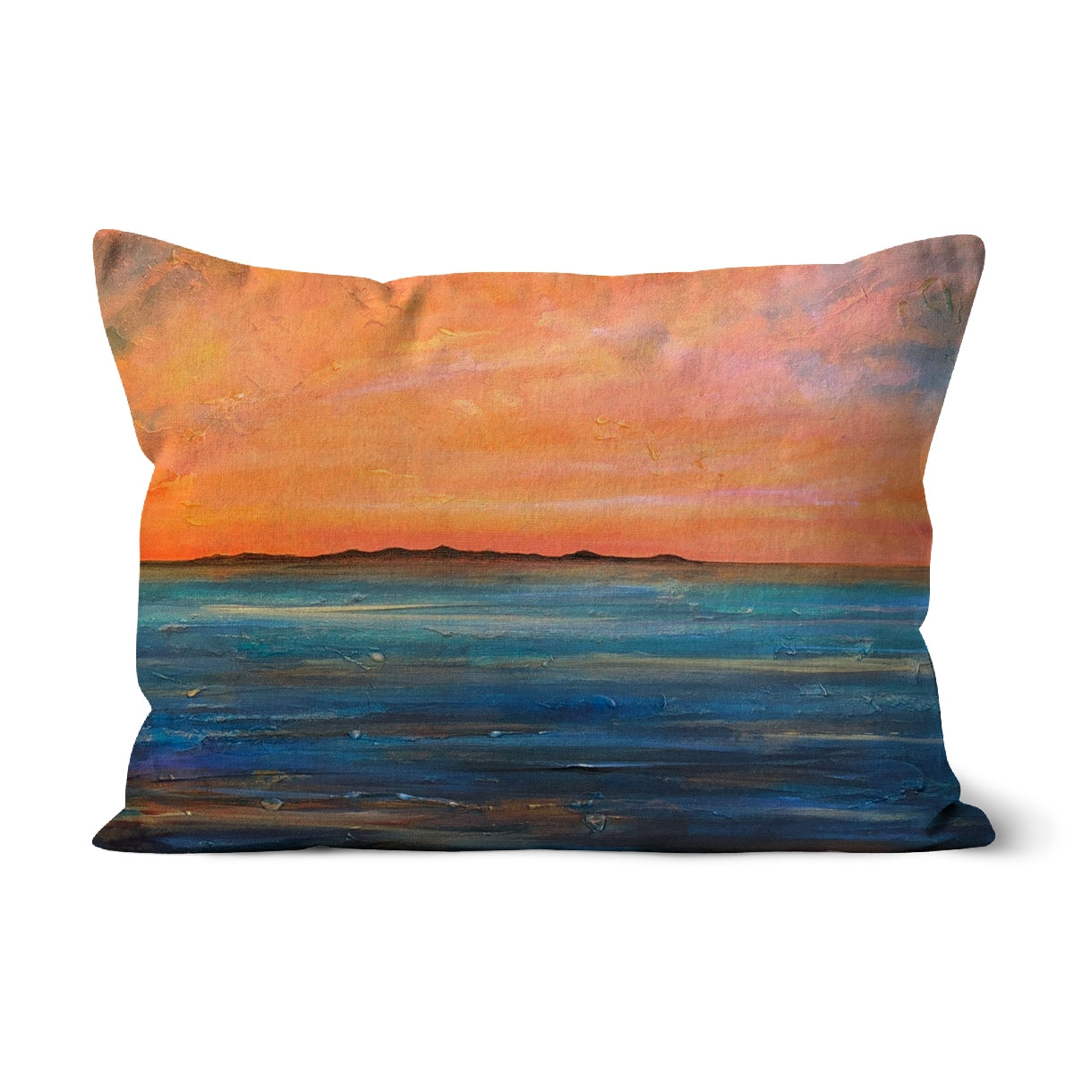 Orange sunset throw pillow with abstract brushstrokes and ocean waves on soft cotton, The Isle Of Gigha Cushion