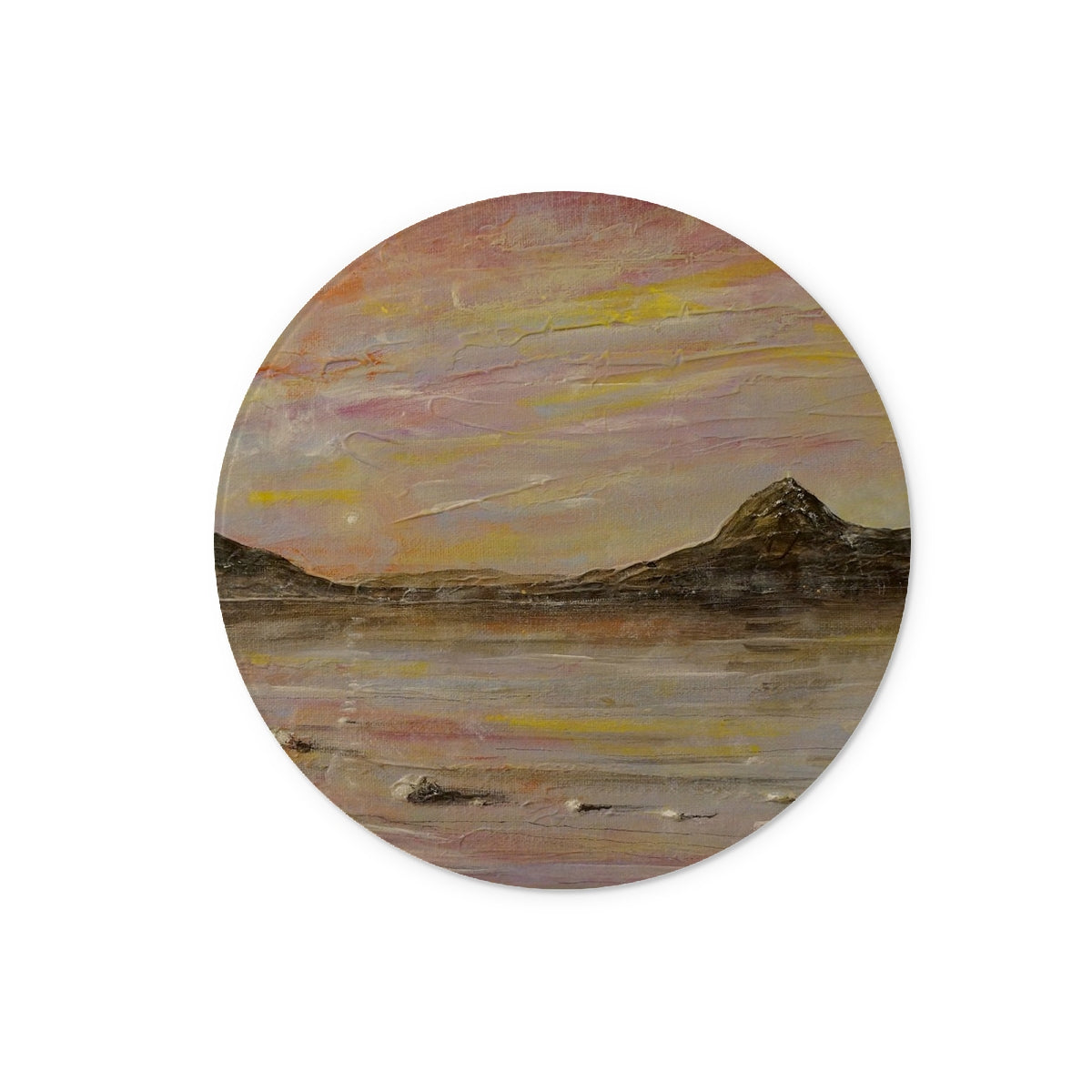 Serene sunset over Loch Rannoch and Schiehallion mountains on glass chopping board