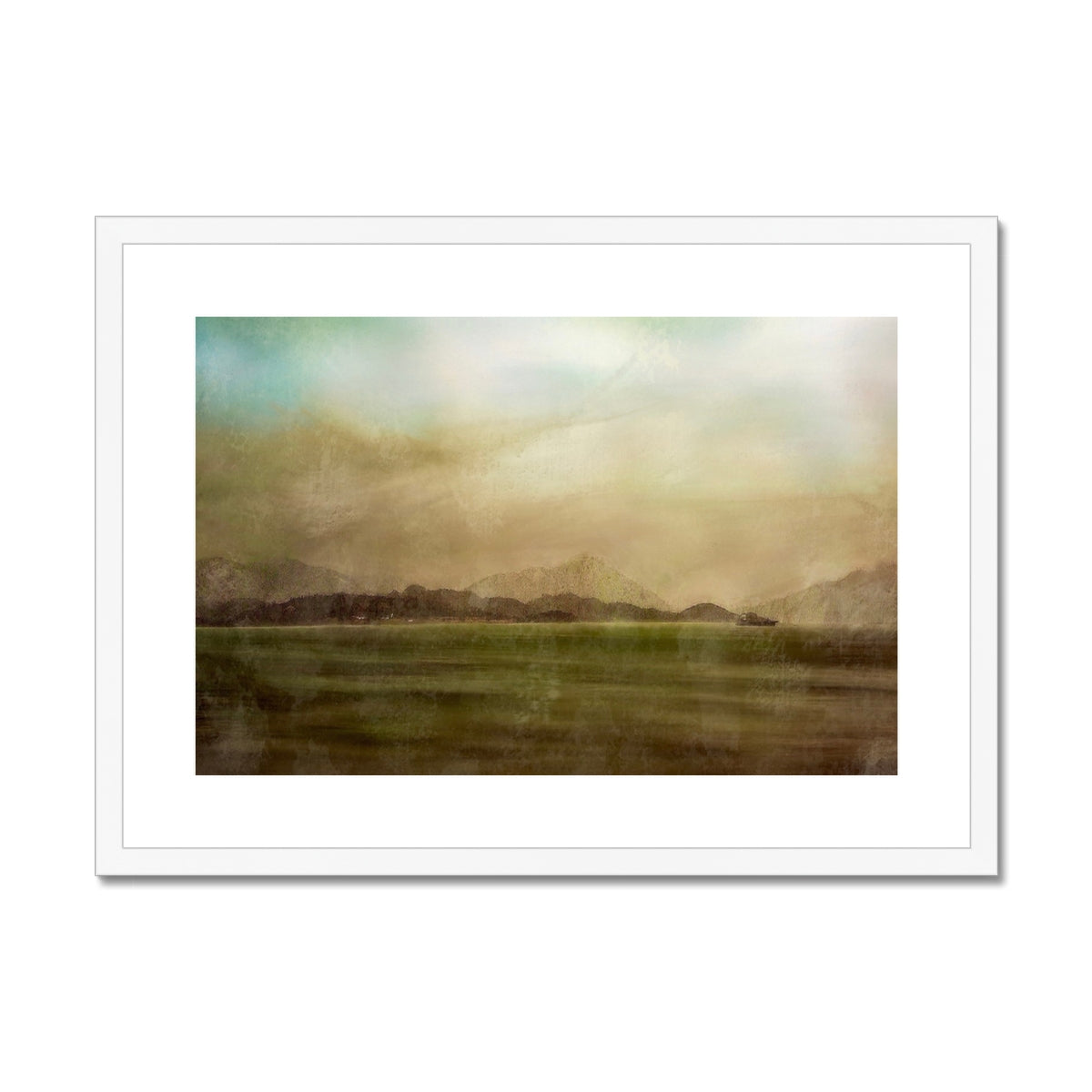 Mull Mist white framed abstract landscape print in soft pastels