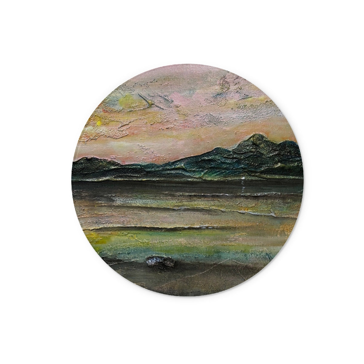 Ethereal circular abstract landscape on Loch Na Dal Skye glass chopping board