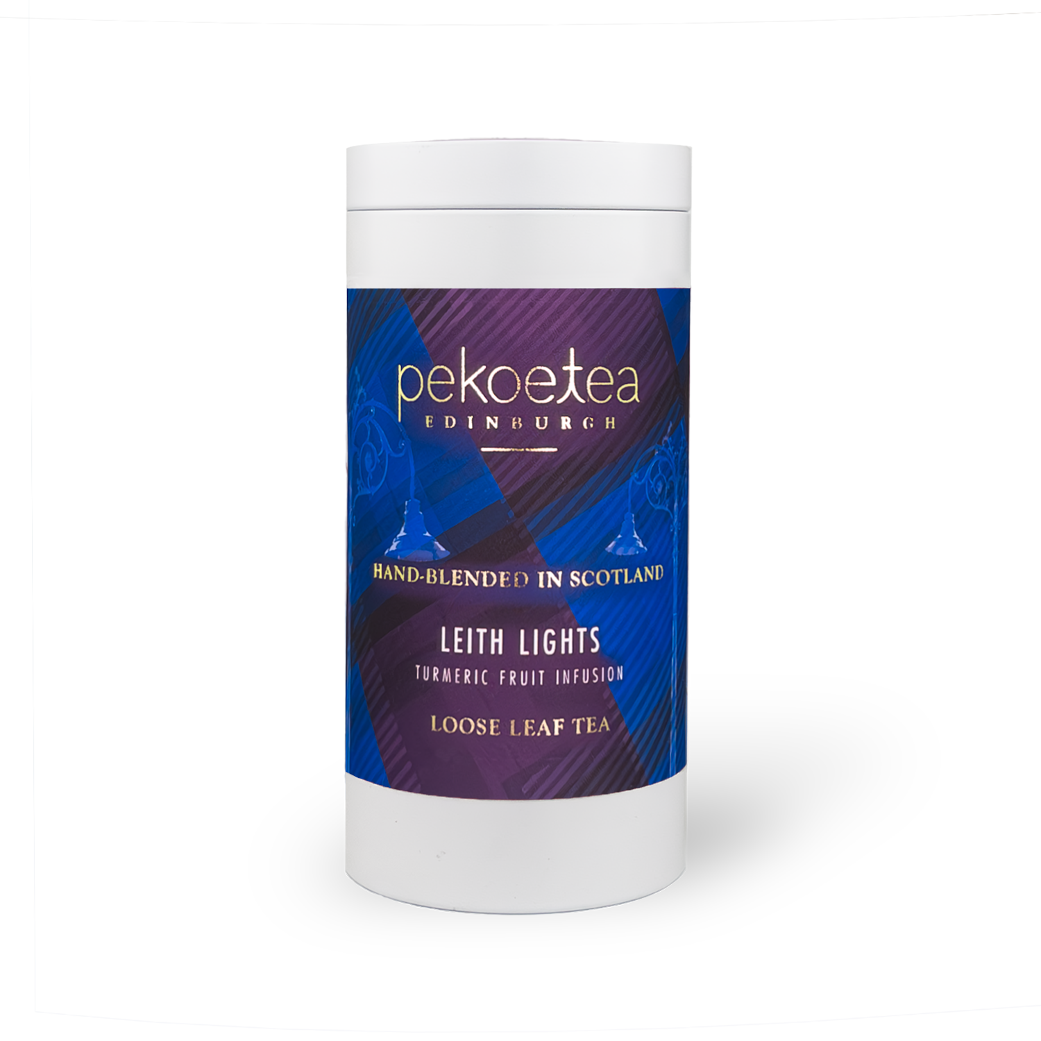 Leith Lights turmeric fruit infusion loose leaf tea in white cylindrical container