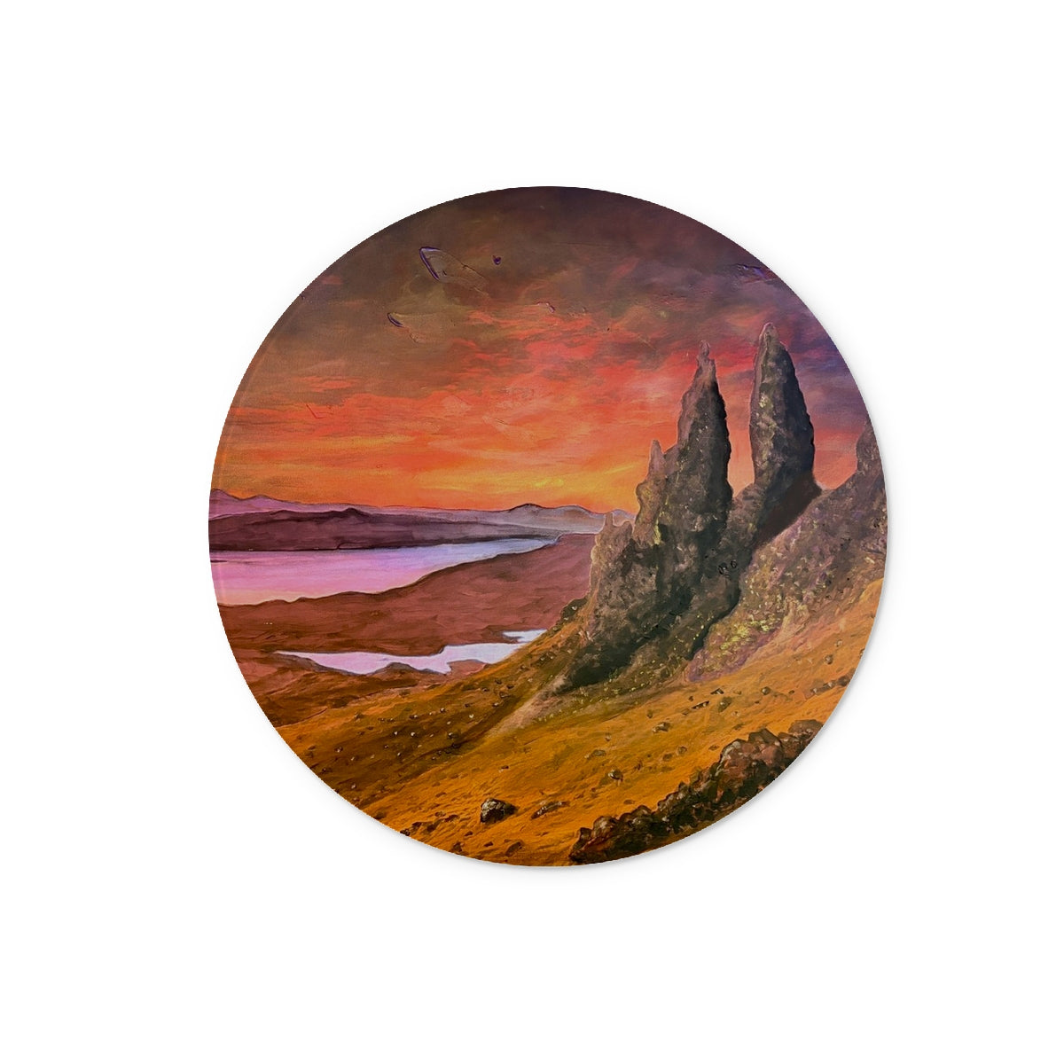 Storr Sunset Skye glass chopping board with dramatic sunset art