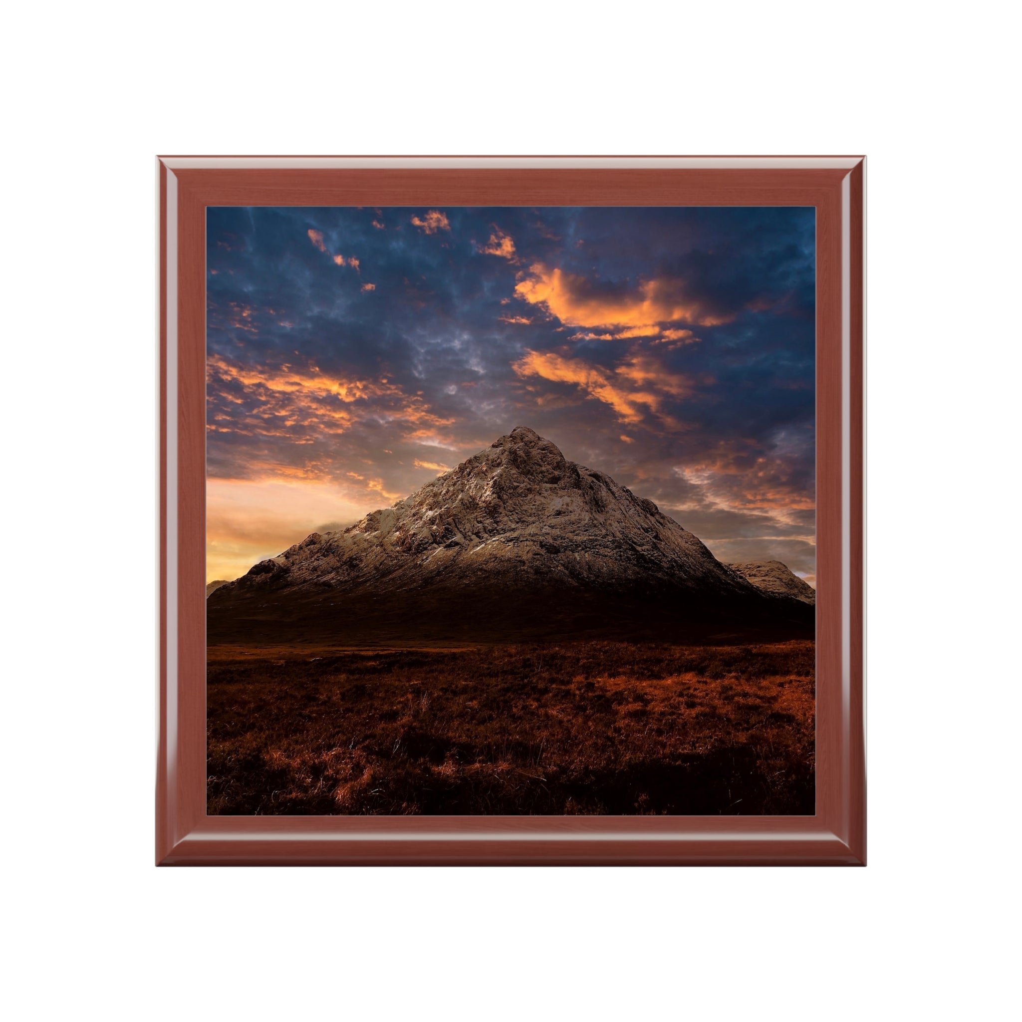 Brown framed Buachaille Etive Mor dusk mountain landscape tile coaster