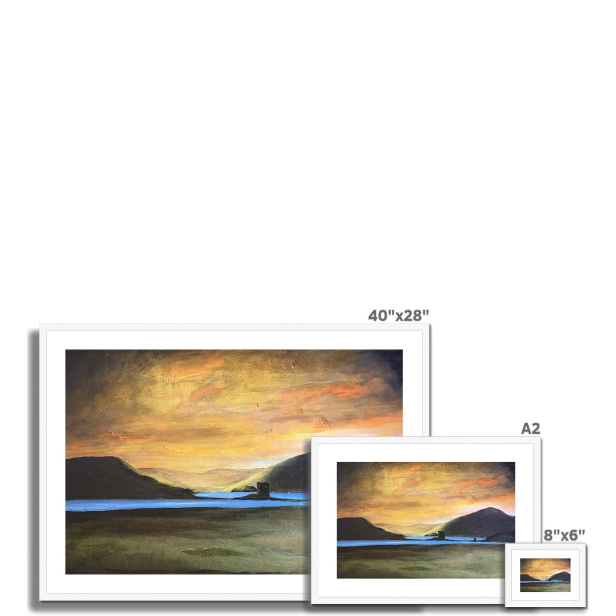 Castle Stalker Glow Art Print: serene sunset over water with silhouetted hills