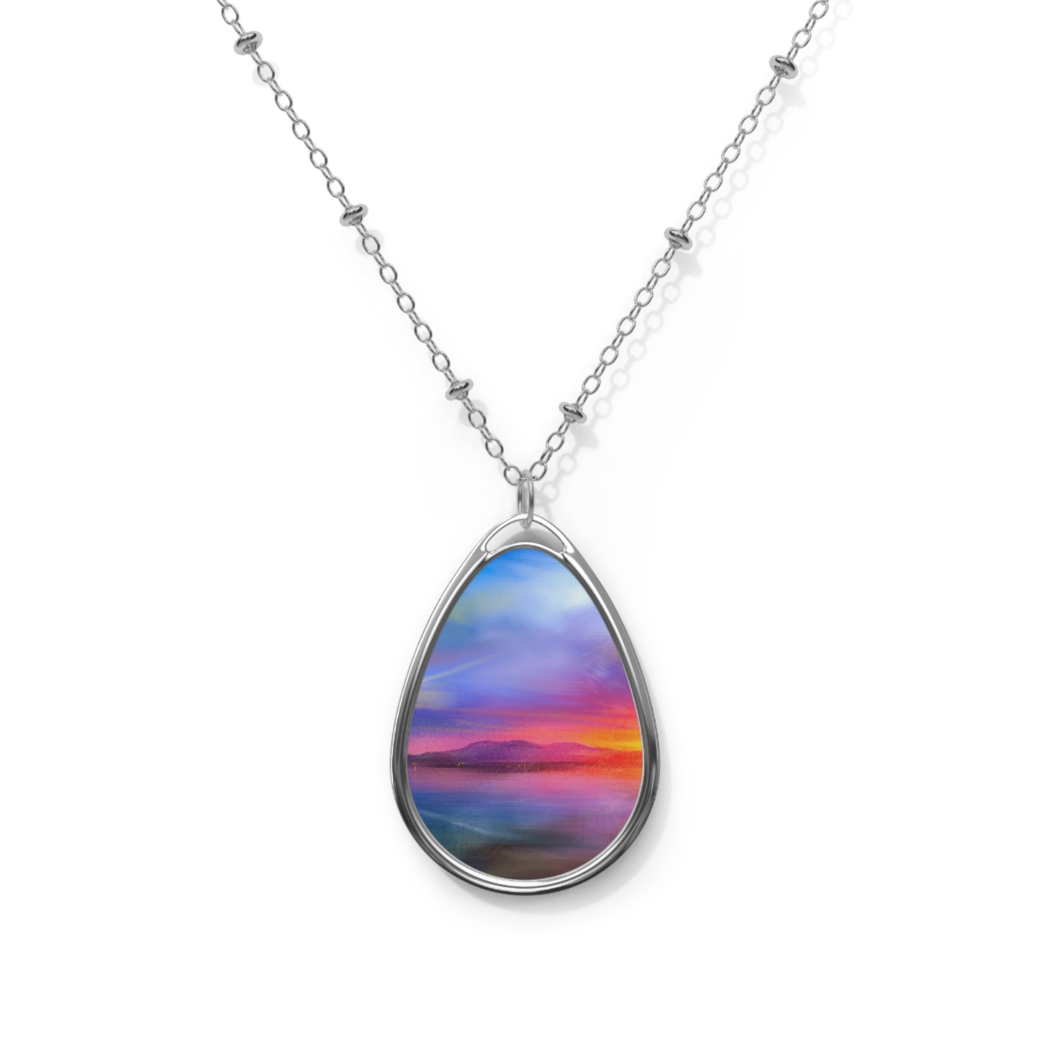 Silver teardrop Arran Sunset necklace with colorful sunset pendant
