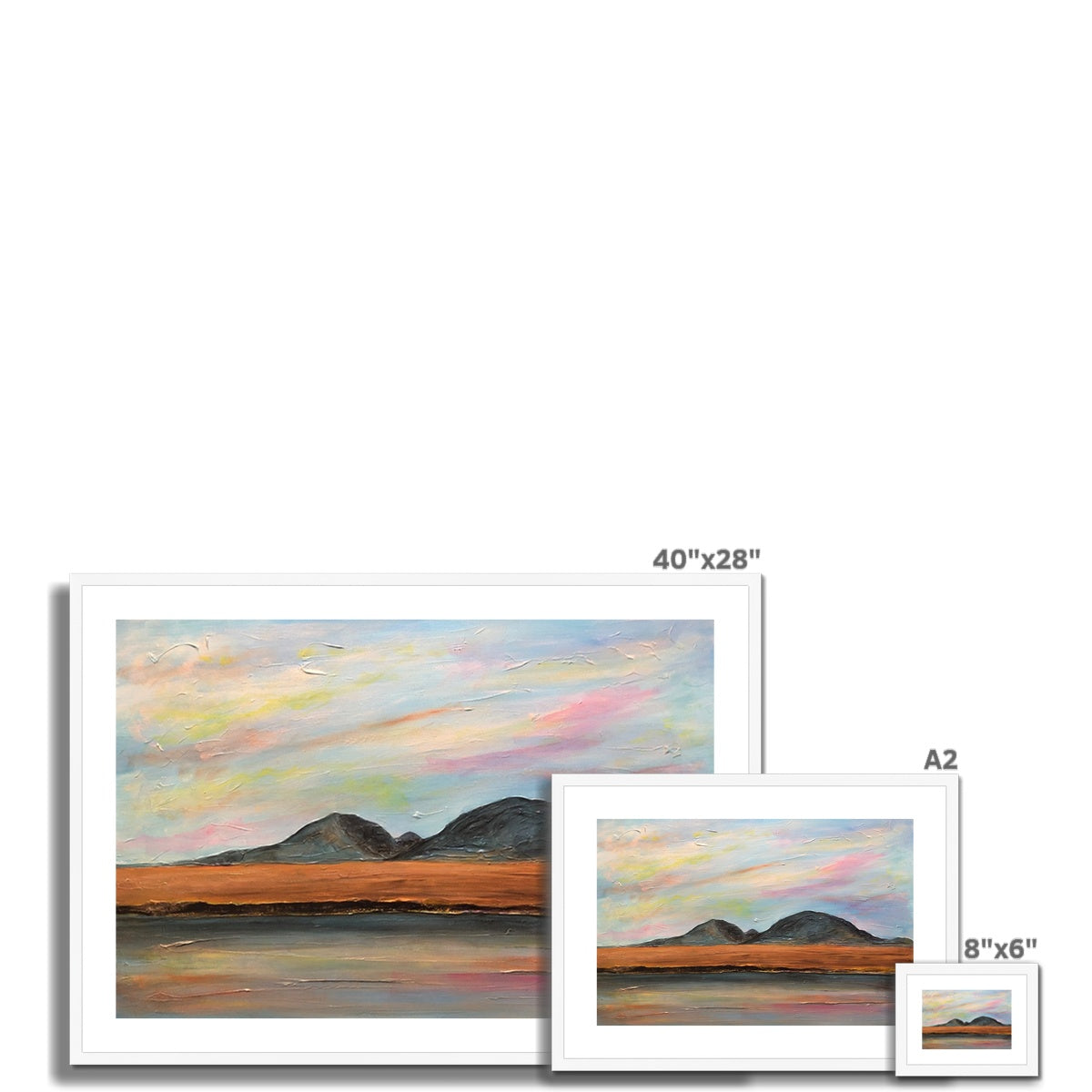 Jura Dawn 40x28 inch framed pastel landscape print with mountains and birds