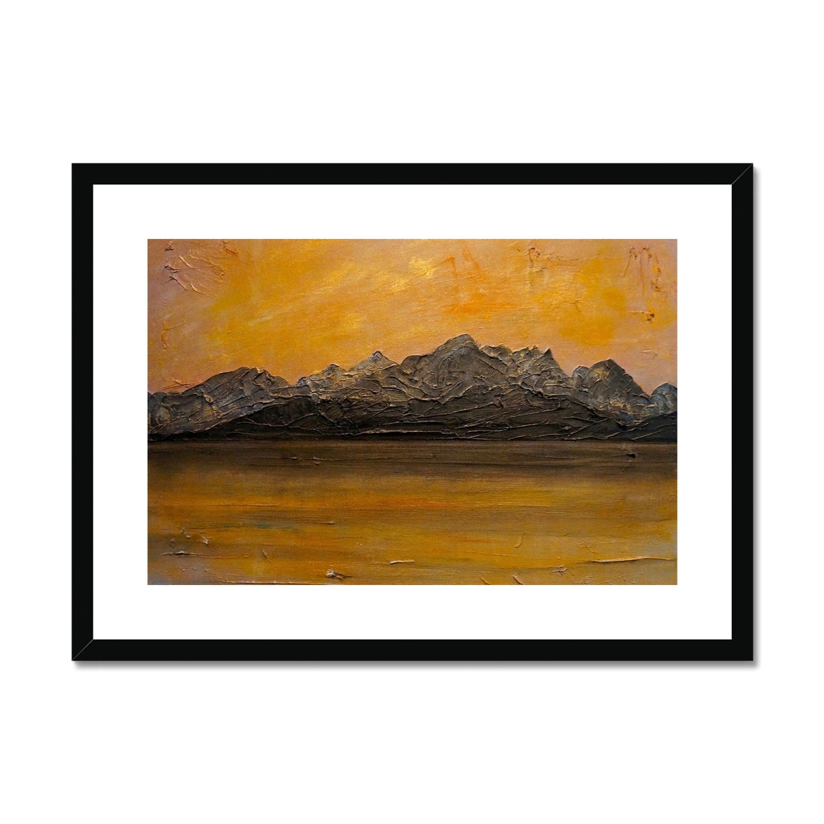 Cuillin Sunset framed print of abstract dark peaks in orange sky reflection