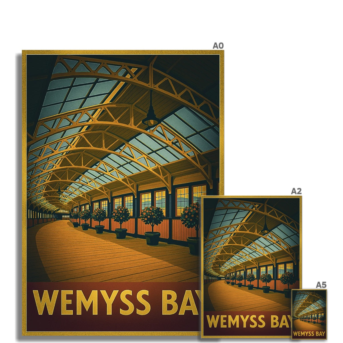 Wemyss Bay fine art print vintage-style poster with golden truss arched glass roof warm wood floor and potted plants