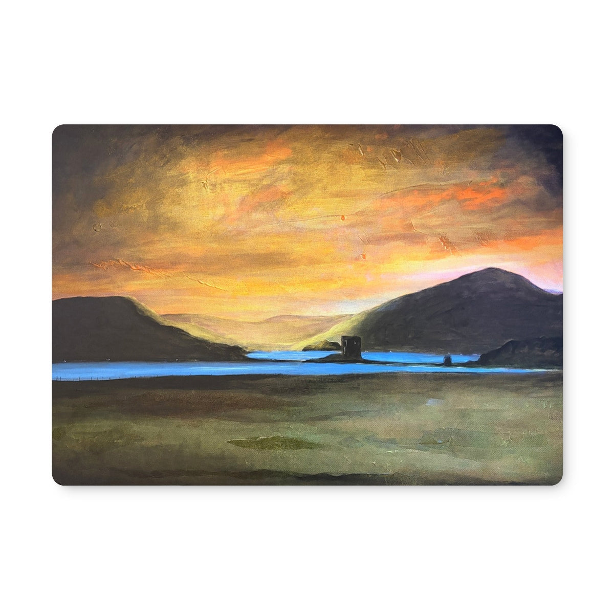 Castle Stalker Glow Placemat with orange sky landscape print