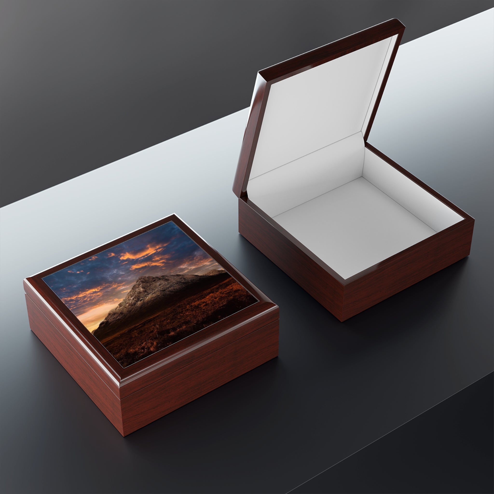 Brown leather Buachaille Etive Mor Dusk jewellery box with sunset lid design