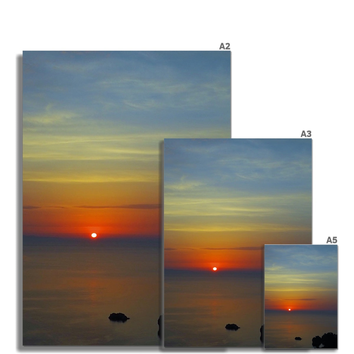 Sicilian sunrise fine art print canvas featuring a serene sunset with gradient sky over calm waters and silhouetted rocks