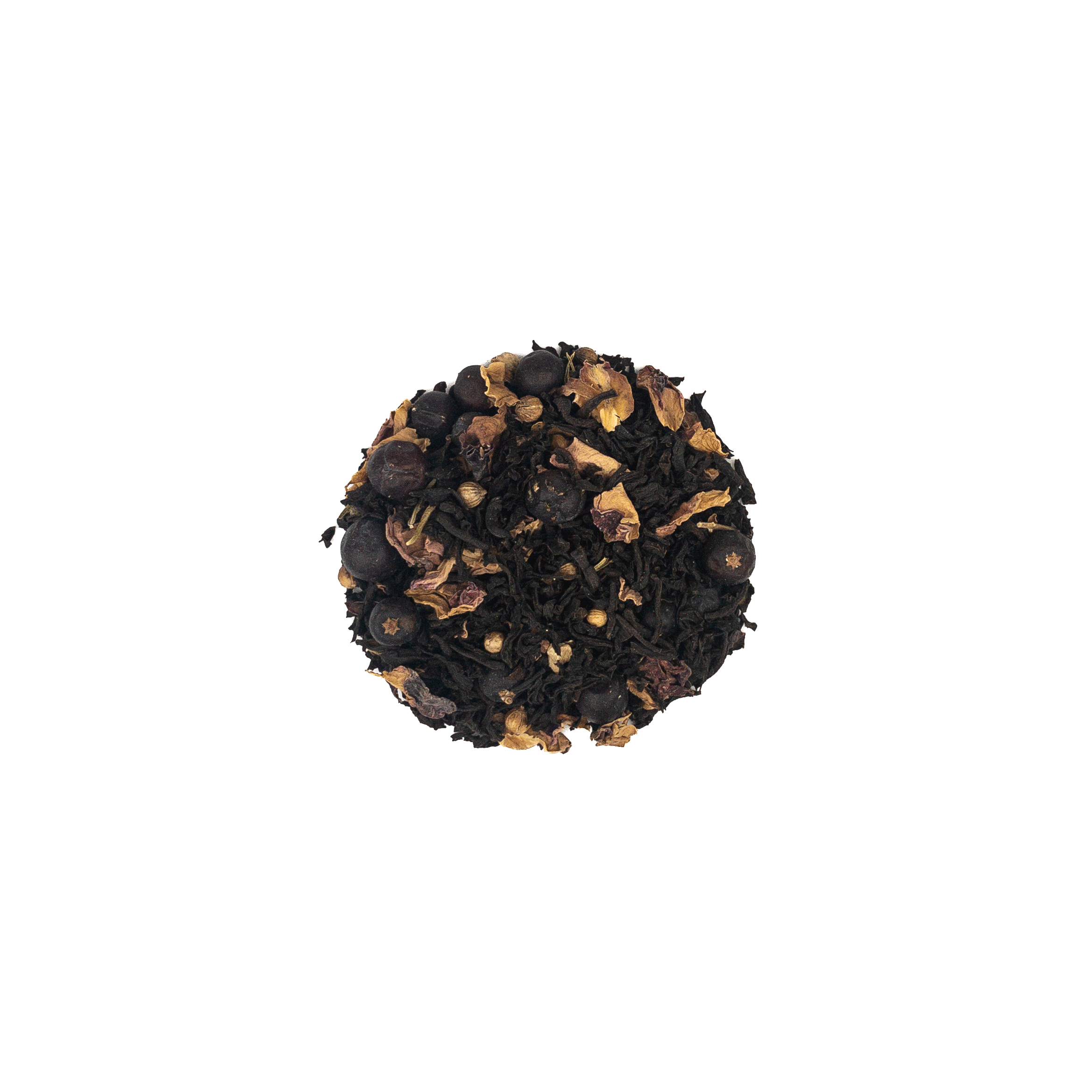 Gin Tea And Roses: circular black tea leaves with golden reddish fruit pieces