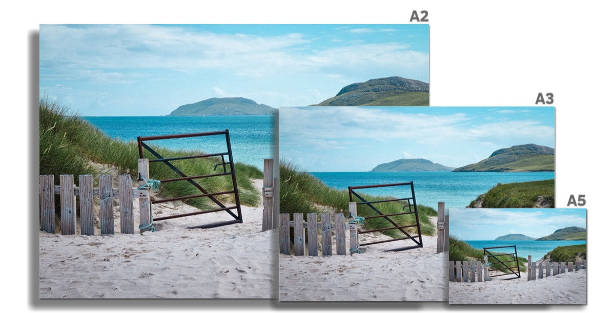 Vatersay beach gate fine art print of black metal gate and weathered wooden fence by turquoise ocean on canvas