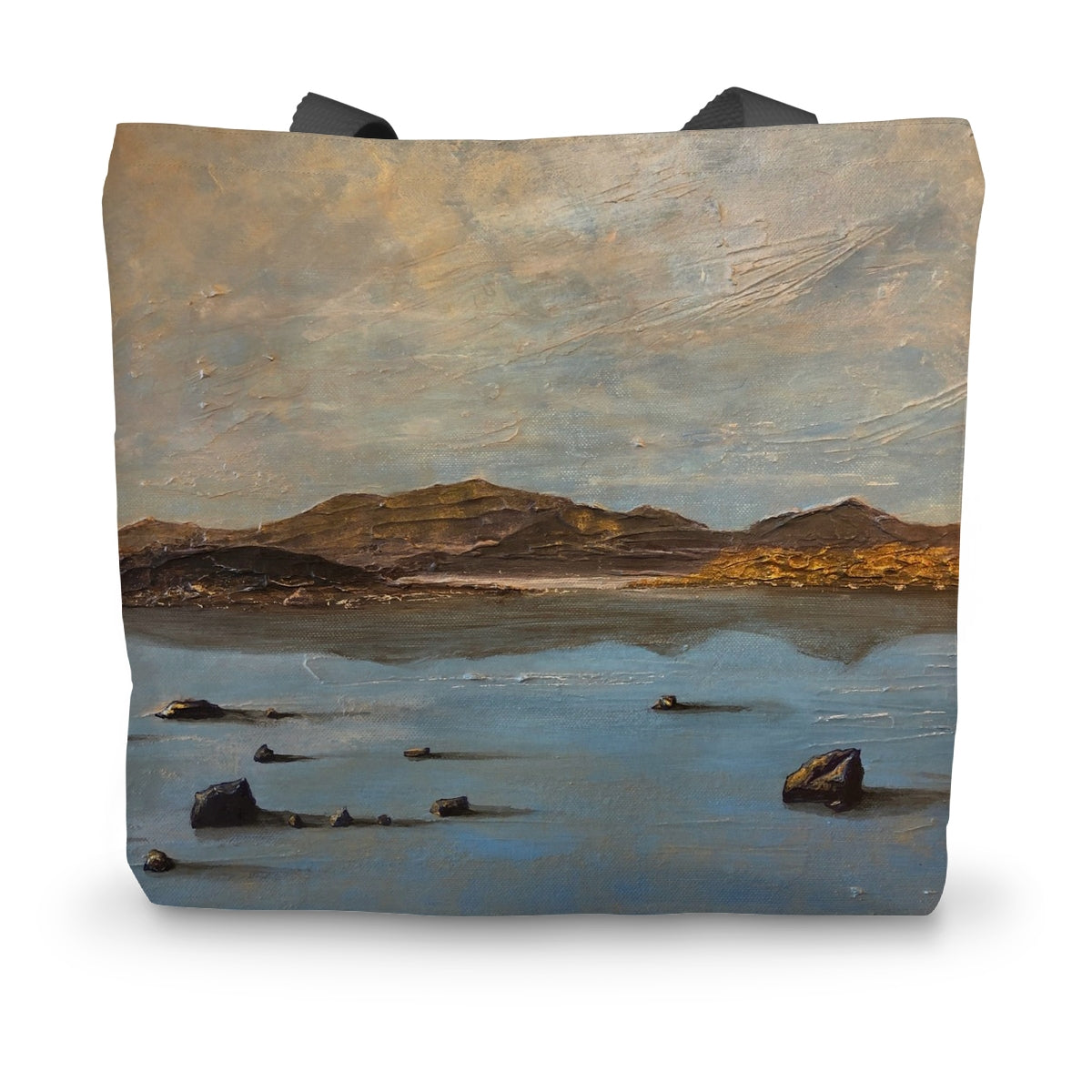 Loch Druidibeg canvas tote bag with muted earth tone landscape print