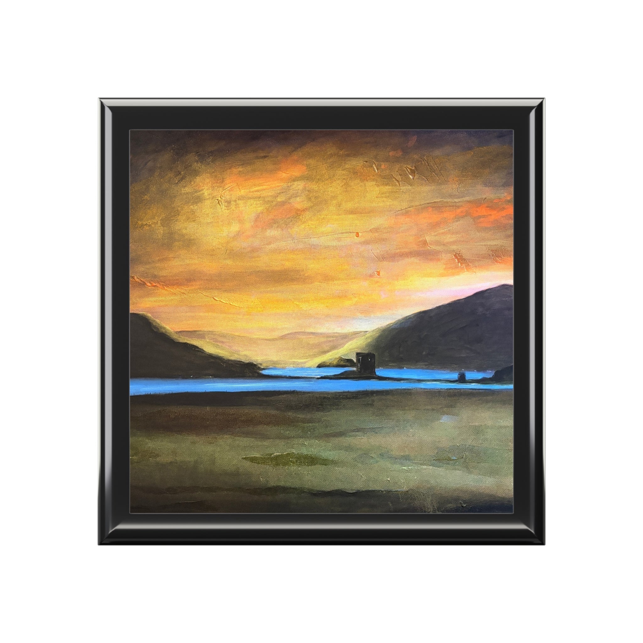 Castle Stalker Glow painting in square frame on Scotland jewellery box