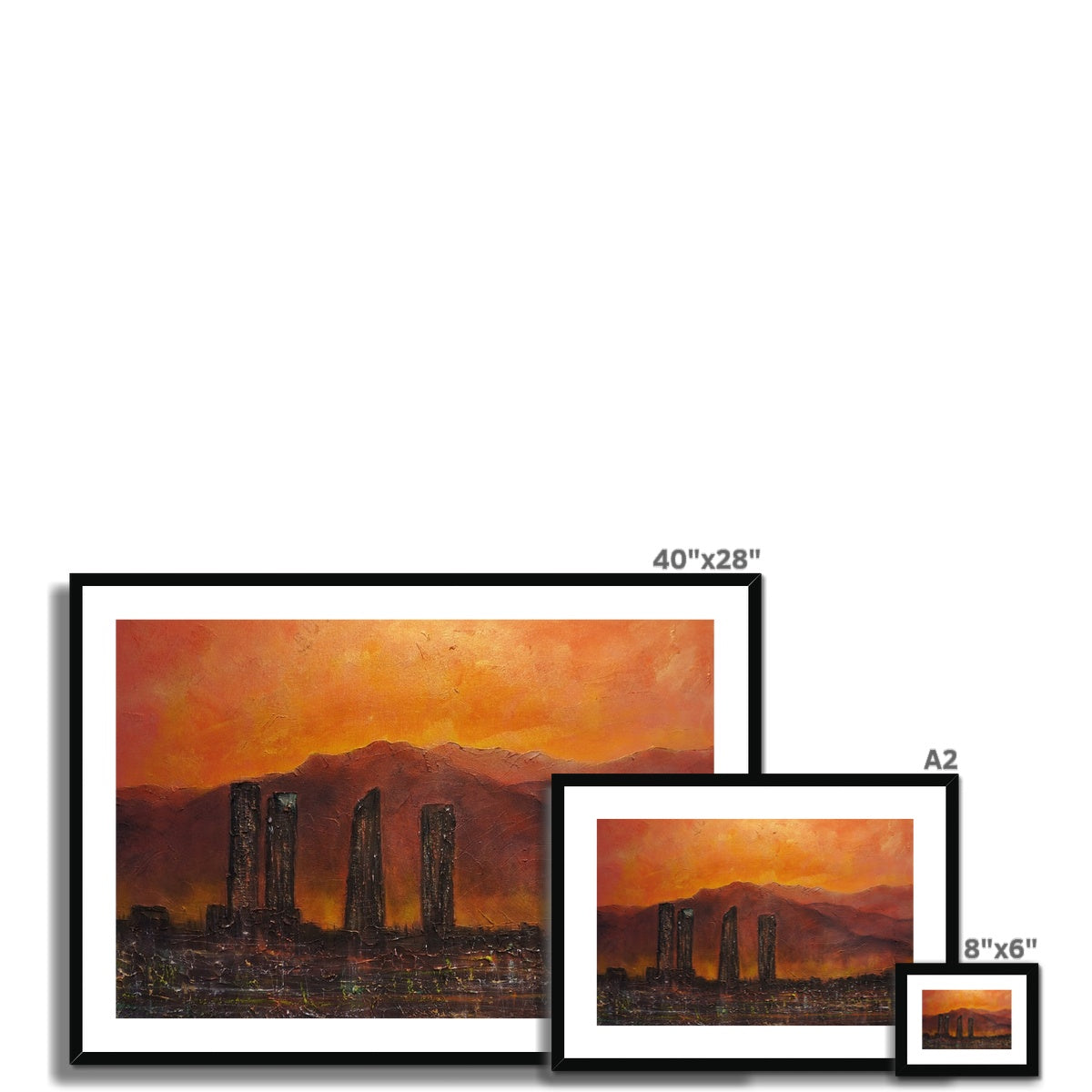 Madrid Dusk framed cityscape print with orange sunset skyscrapers