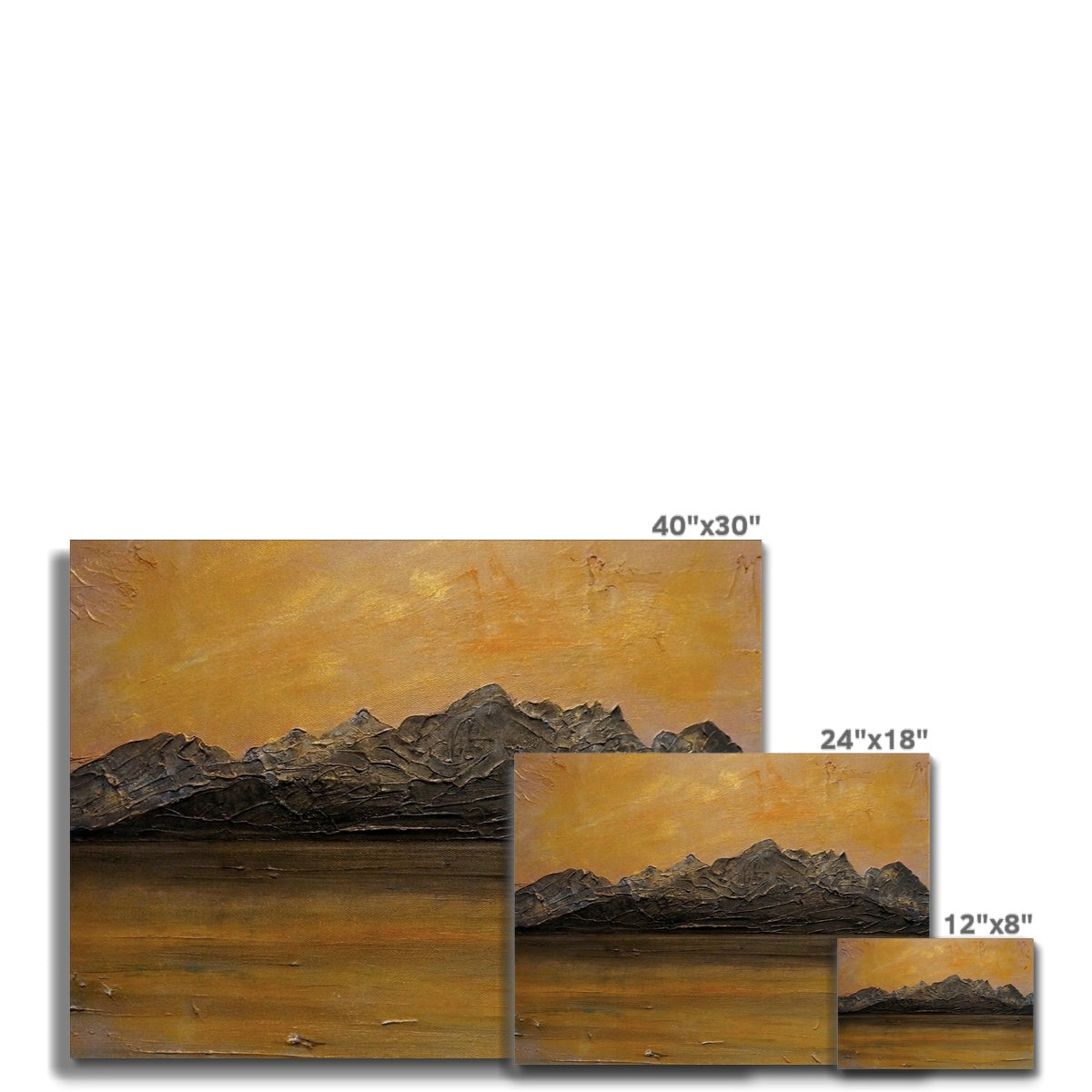 Cuillin Sunset Canvas: three textured mountain landscapes with golden-orange skies