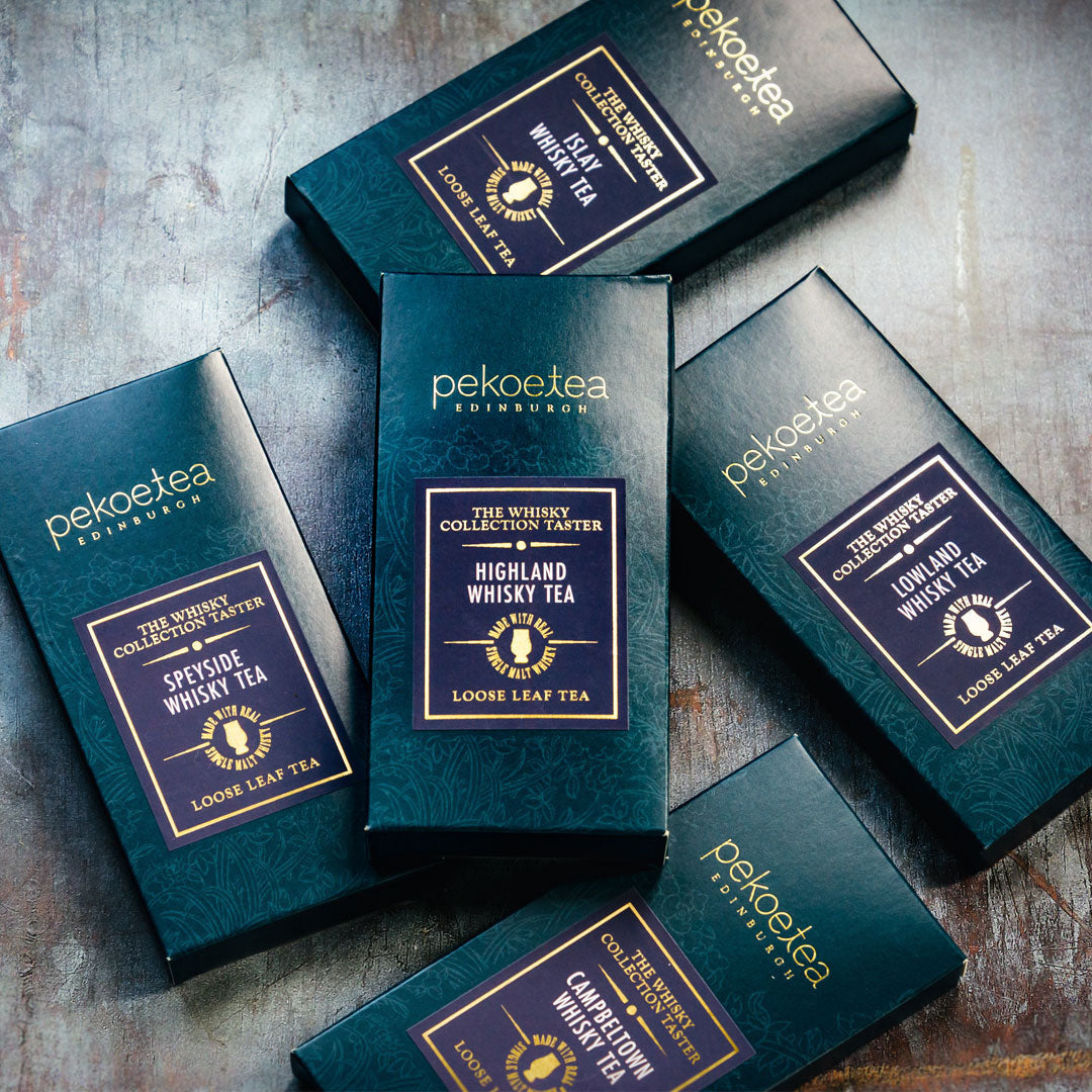 Whisky Tea Collection Explorer Set with dark teal pekoe tea boxes