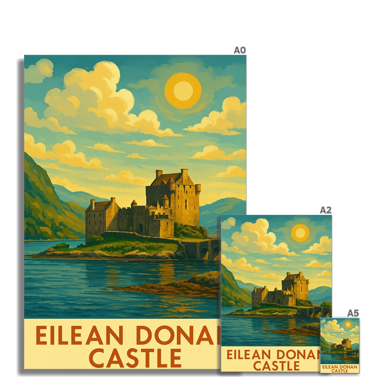 Vintage-style fine art print of eilean donan castle in warm tones featuring a stone castle on an island under a sunlit sky