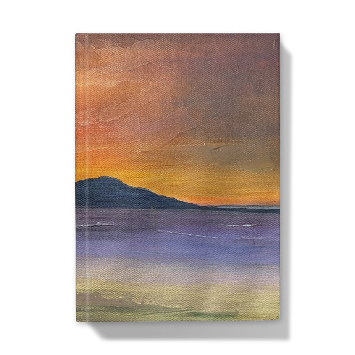 A rectangular hardback journal titled Arran Embers featuring a painted sunset with orange and purple hues over water