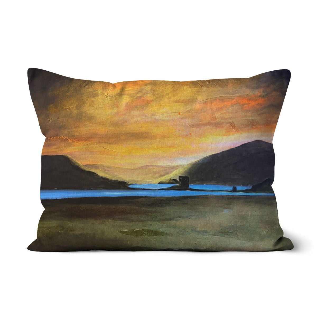 Castle Stalker Glow Cushion with orange sky over dark mountains and blue water