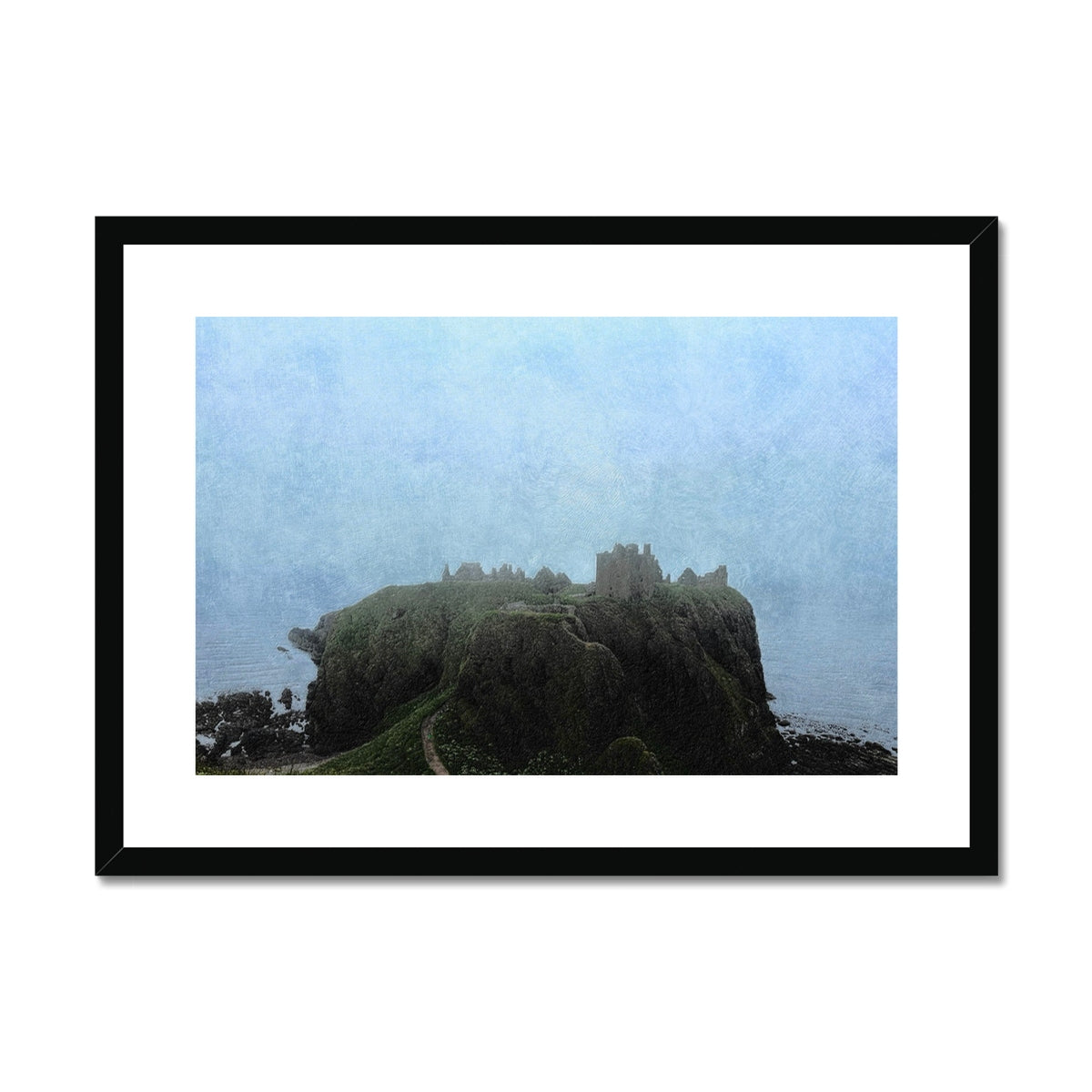 Dunnottar Castle mist framed black wall art print with foggy background