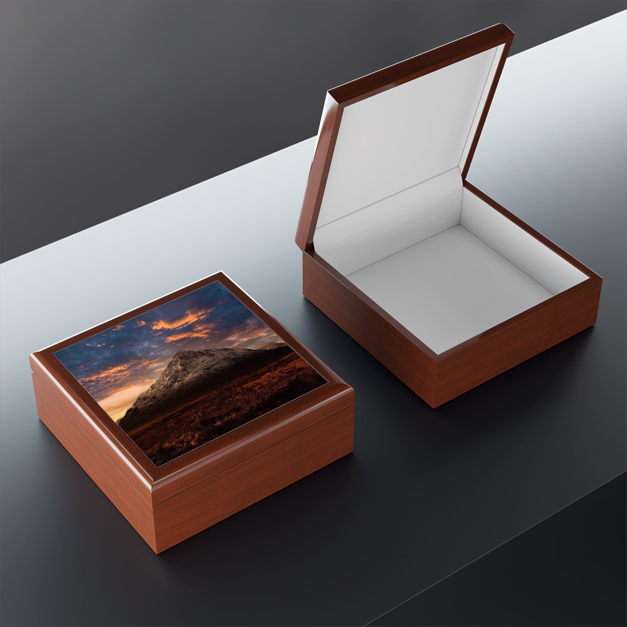 Open brown leather Buachaille Etive Mor Dusk jewellery box with sunset lid design