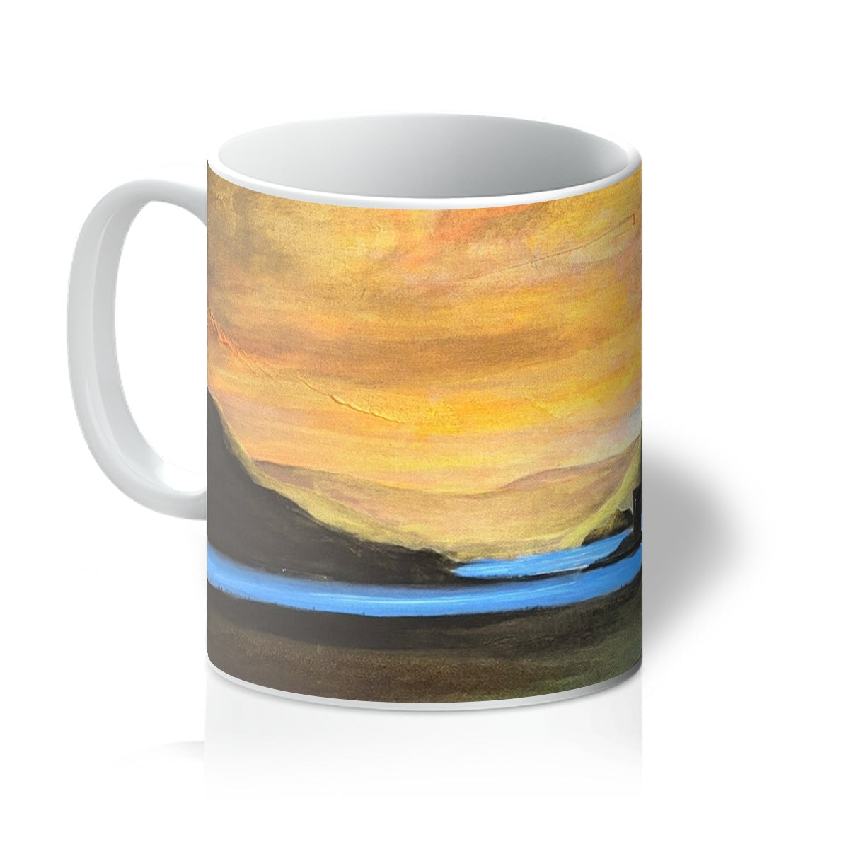 Castle Stalker Glow Mug with painted sunset and blue stripe