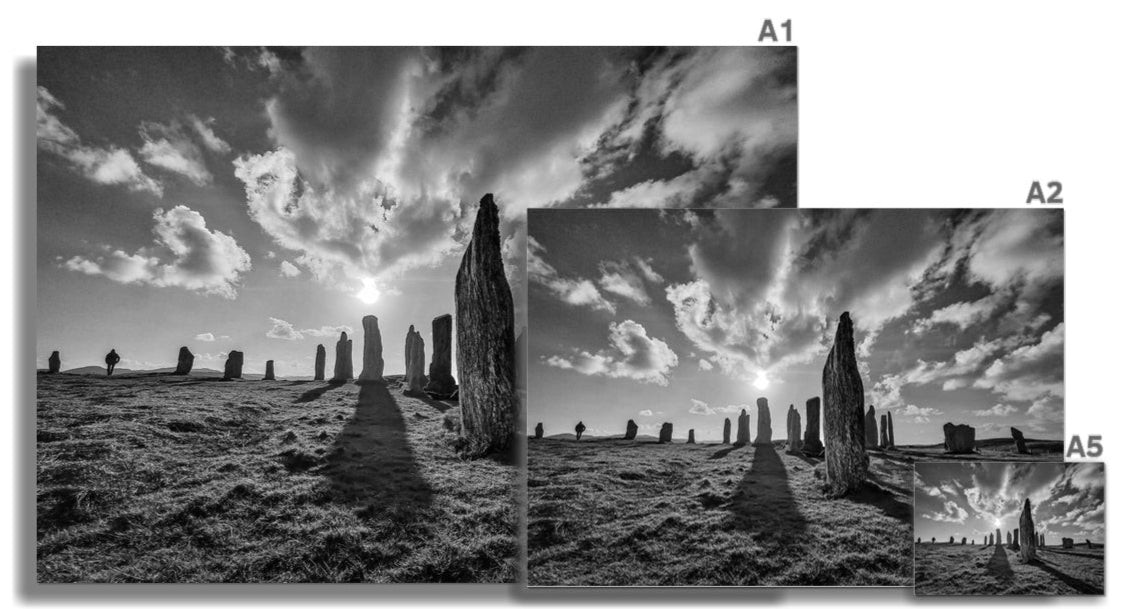 Black-and-white fine art photographic prints of calanais standing stones under a dramatic sky in three a-series sizes